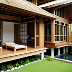 **Image Prompt:** Modern Thai house exterior, showcasing eco-friendly building materials like bamboo and recycled wood, integrated with smart home technology. Focus on a design that blends traditional Thai architecture with sustainable and innovative elements.