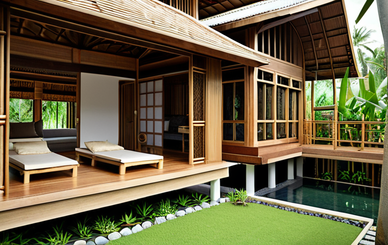 **Image Prompt:** Modern Thai house exterior, showcasing eco-friendly building materials like bamboo and recycled wood, integrated with smart home technology. Focus on a design that blends traditional Thai architecture with sustainable and innovative elements.